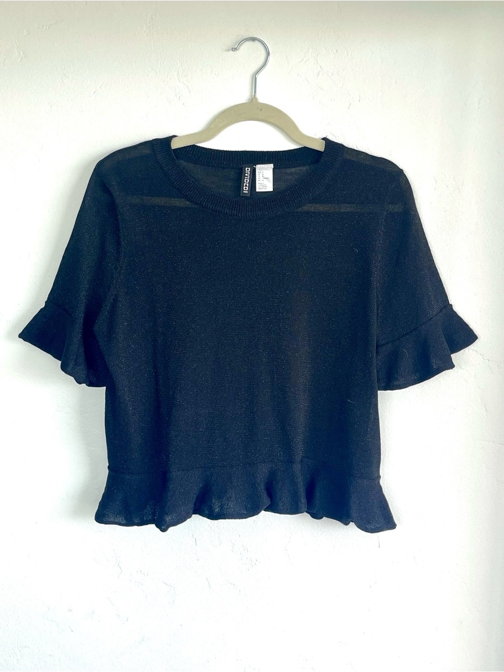 Black Ruffle Hem Sheer Short Sleeve Crop Top